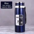 Botella de agua deportiva de acero inoxidable azul de 800ml con cómoda correa de transporte - Azul con Tirantes