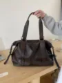 Large capacity dark brown PU leather travel duffel bag tote shoulder crossbody bag. - Coffee
