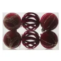 Set de 6 bolas de navidad de terciopelo rojo flocado decoraciones colgantes arbol - 6cm 6 Piezas / Burdeos