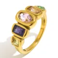 Bague Zircon Multicolore, Acier Inoxydable Plaque Or 18K Bijou De Doigt Geometrique - Taille 7 / Or Multicolore