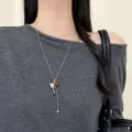 Minimalist long necklace sweater chain with goblet pendant and heart charm for women daily - Wine Glass Tiger's Eye Necklace / Silver