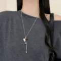 Silver long necklace featuring wine glass pendant and tassel bead chain for women daily wear. - Wine Glass Tiger's Eye Necklace / Matte Silver