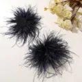 Close up detail of dark blue ostrich feather flower showing fluffy texture and backing. - Navy Blue