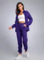 Purple corduroy shirt and sweatpants set detail view, casual loose fit outfit for women. - Purple