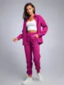 Women corduroy pants set casual lapel long sleeve shirt and high waist jogger trousers outfit - Rose Red