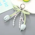 Grazioso portachiavi perle tulipano con fiocco verde ciondolo elegante per decorazione borsa - Tulipano Farfalla Perla Verde Chiaro