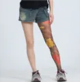 Tattoo print pantyhose with unique peony flower design, stylish summer sheer tights. - Red and Yellow Peony Tattoo Leg