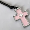 Pink enamel cross pendant necklace detail, vintage y2k gothic style black cord jewelry. - Pink Cross Necklace
