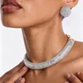 Silver mosaic choker necklace and spherical earrings set, elegant party bridal jewelry style. - Mosaic Mirror Ball Style (N14292)
