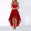 European and American spring summer lace high-low chiffon evening party midi dress red - XS / Dresses / Red