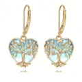 Pendientes de corazón dorados con diseño de árbol de la vida y piedra de luna azul. - Estilo Árbol Corazón Dorado (ER949)