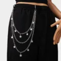 Silver multi-layer star pants chain punk metal waist chain hip hop trousers accessory - Silver-Plated Layered Star Pants Chains