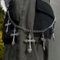 Punk gothic style silver metal pants chain featuring multiple vintage cross pendants for men. - Trendy Cross Pant Chain in White K