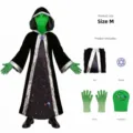 Ensemble de costume de cosplay extraterrestre avec longue robe noire, masque vert et gants - Enfant M / Robe Alien (Coiffure à Verres)