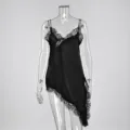 Robe nuisette noire en satin avec bordure dentelle asymétrique lingerie sexy femme - S / Robes / Noir