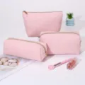 Pink corduroy cosmetic bag set, large capacity portable makeup pouch and pencil case. - 3-Piece Set (Medium + Large + Triangle) / 22x14x10cm / Pink