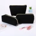 Black corduroy cosmetic bag, portable travel makeup pouch and stylish pencil case variant. - 3-Piece Set (Medium + Large + Triangle) / 22x14x10cm / Black