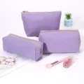 Set of 3 purple corduroy makeup bags, large capacity portable zipper travel cosmetic pouch. - 3-Piece Set (Medium + Large + Triangle) / 22x14x10cm / Purple