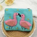 Handmade wool felt coin purse with cute flamingo embroidery, zipper closure, turquoise color. - Blue Flamingo
