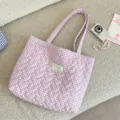 Καπιτονέ τσάντα tote με μοτίβο καρδιάς, ροζ casual τσάντα ώμου μεγάλη χωρητικότητα. - Ανοιχτό Μωβ Καρό