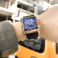 Luxury square quartz watch for men with blue dial, big numbers and black leather strap. - Black Strap Gold Case Black Dial