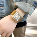 Men's square dial quartz watch with brown leather strap, stylish fashion casual wrist watch. - Brown Strap Gold Case White Dial