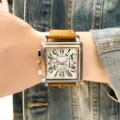 Square quartz watch with big dial and brown leather strap for men, waterproof and stylish. - Brown Strap Silver Case White Face