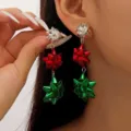 Pendientes colgantes de lazo regalo de Navidad rojo verde plata 3D cinta colgante fiesta joyas. - Estilo Largo de Nudo Rojo Verde Plateado de 3 Capas (DZ-894) / Plateado