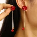 Red bow knot long dangle earrings sparkling crystal ball gold chain fashion party jewelry gift - Red Long Tassel Knot / Red