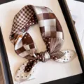 Vintage brown plaid silk small square scarf retro chic neckerchief elegant accessory - Old Money Plaid