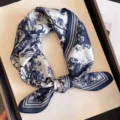Classic blue silk square scarf with retro landscape print, elegant neckerchief accessory for women. - Forest Tiger and Leopard