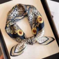 Retro silk square scarf featuring elegant chain and snakeskin print, chic neckerchief accessory. - Gold Frame Snake Print