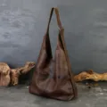 Retro brown genuine leather hobo shoulder bag, large capacity tote with wide strap for women. - Khaki