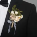 Artificial rose and daisy flower corsage boutonniere with lace ribbon for wedding party - Corsage / Khaki