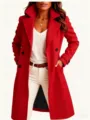 Detail view of womens lapel wool trench coat mid-length double breasted winter outerwear. - Red