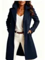 Women's dark blue wool blend trench coat lapel long winter jacket apparel detail view - Navy Blue