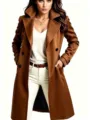 Women's long wool blend trench coat with lapel double breasted winter outerwear chic. - Dark Brown