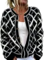 Black and white diamond pattern knit cardigan with round neck and buttons for women detail. - 3XL / Tops / Black and White Argyle (8987)