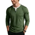 Close-up detail of men's long-sleeve Henley t-shirt featuring fake two-piece neck and chest pocket. - S / Tops / Army Green