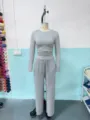 Grey long sleeve top and sweatpants lounge set casual sportswear comfortable knit outfit - XS / Top And Bottom / Front View
