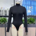 Black turtleneck long sleeve bodysuit women casual slim fit thong romper top basic. - XS / Tops / Black