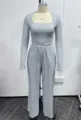 Casual grey long sleeve top and pants set detail view, perfect for cozy daily wear. - XS / Top And Bottom / Front View