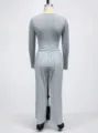 Grey long sleeve top and wide leg pants lounge set casual workout activewear outfit - XS / Top And Bottom / Back View