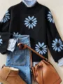 Suéter de punto de otoño invierno para mujer con patrón floral azul y detalles acanalados. - S / Tops / Negro