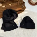 Black knitted beanie hat and scarf winter set, classic ribbed warm two piece set for women. - Black (Scarf & Hat)