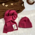 Magenta knit beanie hat and scarf set, solid color ribbed winter warm 2-piece set. - Raspberry (Scarf & Hat)