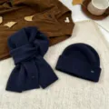 Dark blue knitted beanie and scarf set, winter warm wool-blend knitwear accessories flatlay. - Navy Blue (Scarf & Hat)