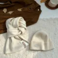 Winter cozy white knitted beanie and scarf two-piece set, soft warm wool blend chic fashion. - Milk White (Scarf & Hat)