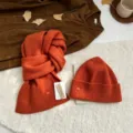 Cozy orange wool knit hat and scarf set for women, warm winter solid color retro 2-piece outfit. - Persimmon (Scarf & Hat)