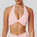 Pink halter yoga bra sports fitness tank top with removable pads for women running activewear - Pink